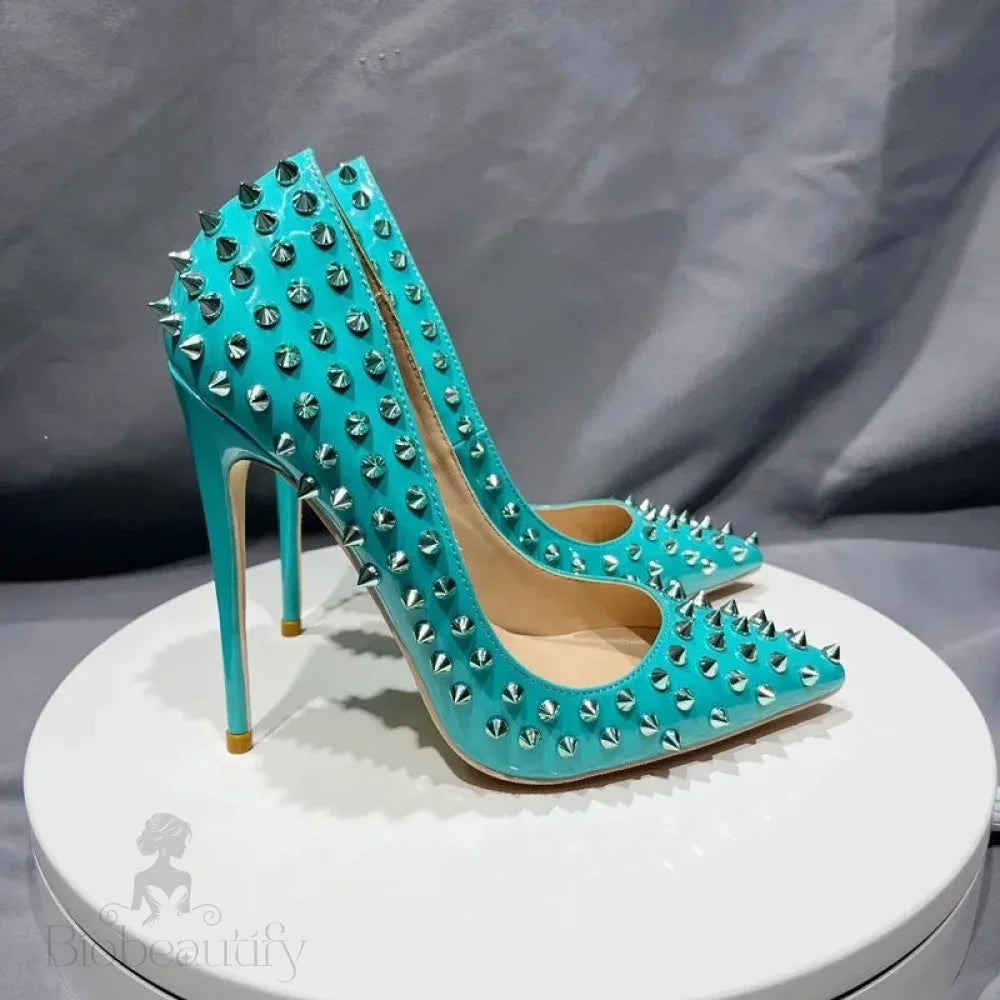 Mint Green Pointy Toe High Heel Shoes With Silver Spikes