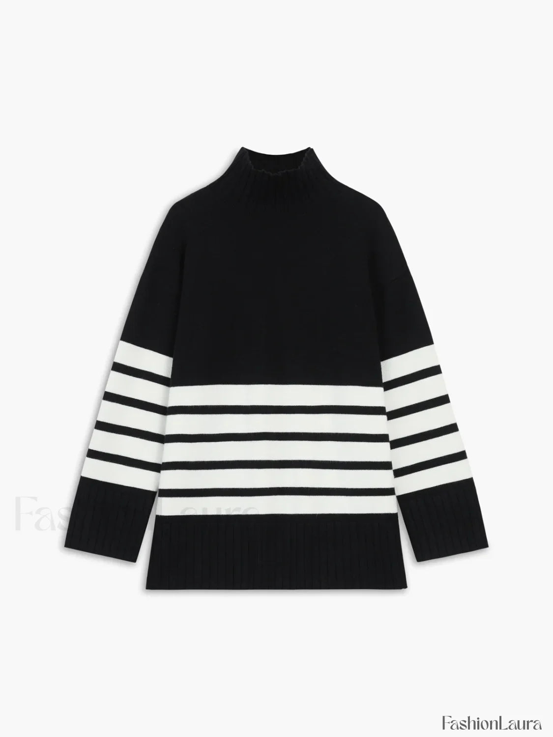 Miss Paris Mock Neck Stripe Sweater Black / XS Sweaters