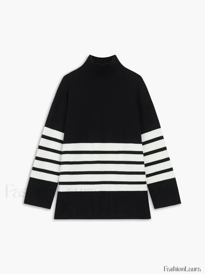 Miss Paris Mock Neck Stripe Sweater Black / XS Sweaters