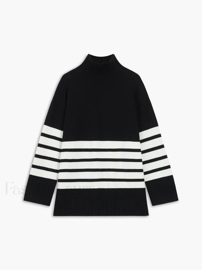 Miss Paris Mock Neck Stripe Sweater Black / XS Sweaters