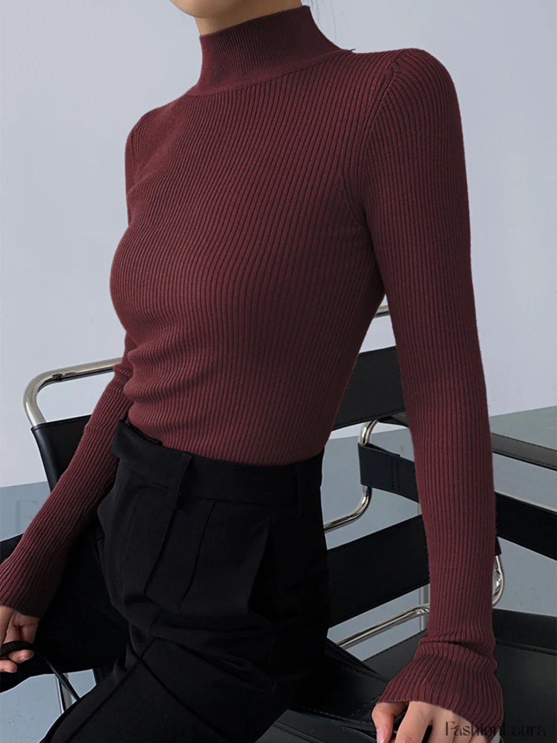 Mock Neck Rib Long Sleeve Knit Top Burgundy / XS Knit Tops