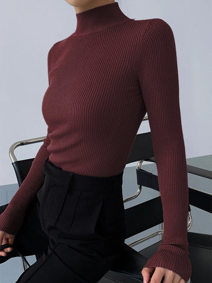 Mock Neck Rib Long Sleeve Knit Top Burgundy / XS Knit Tops