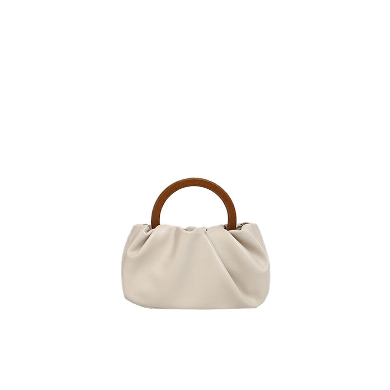 Beige Scrunch Trim Leather Tote Bag With Modern Loop Top