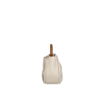 Beige Scrunch Trim Leather Tote Bag With Modern Loop Top