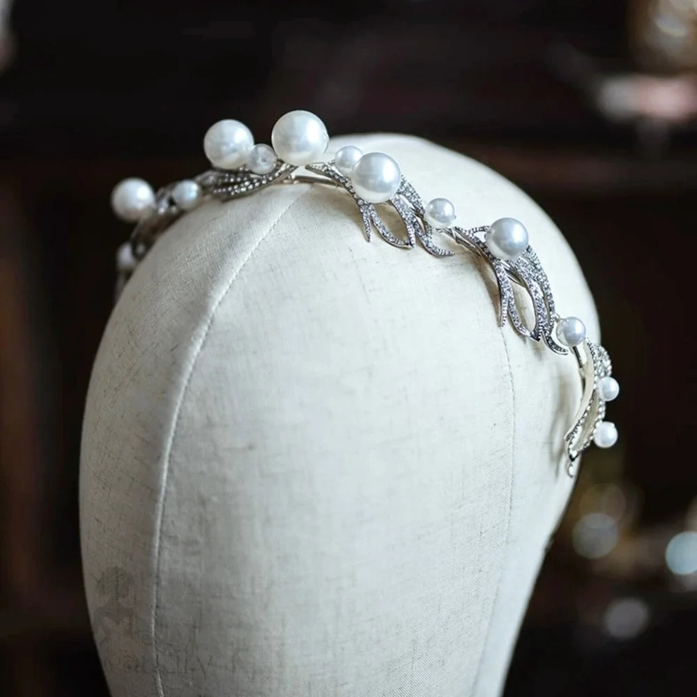 Montgomery Pearl Bridal Headband Tiara Silver Gold Options