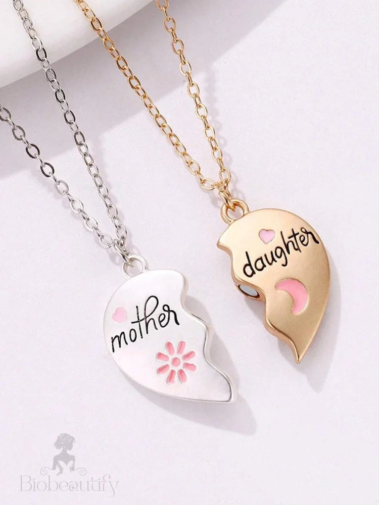 Mother Daughter Magnetic Heart Necklace Set - White Alloy