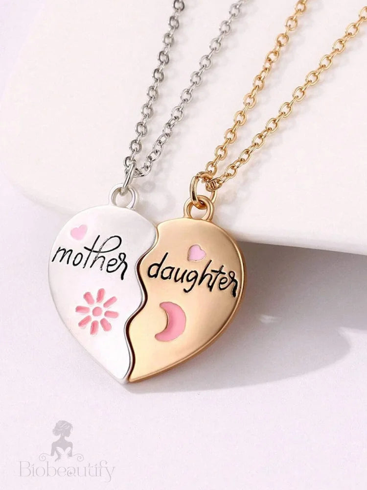 Mother Daughter Magnetic Heart Necklace Set - White Alloy