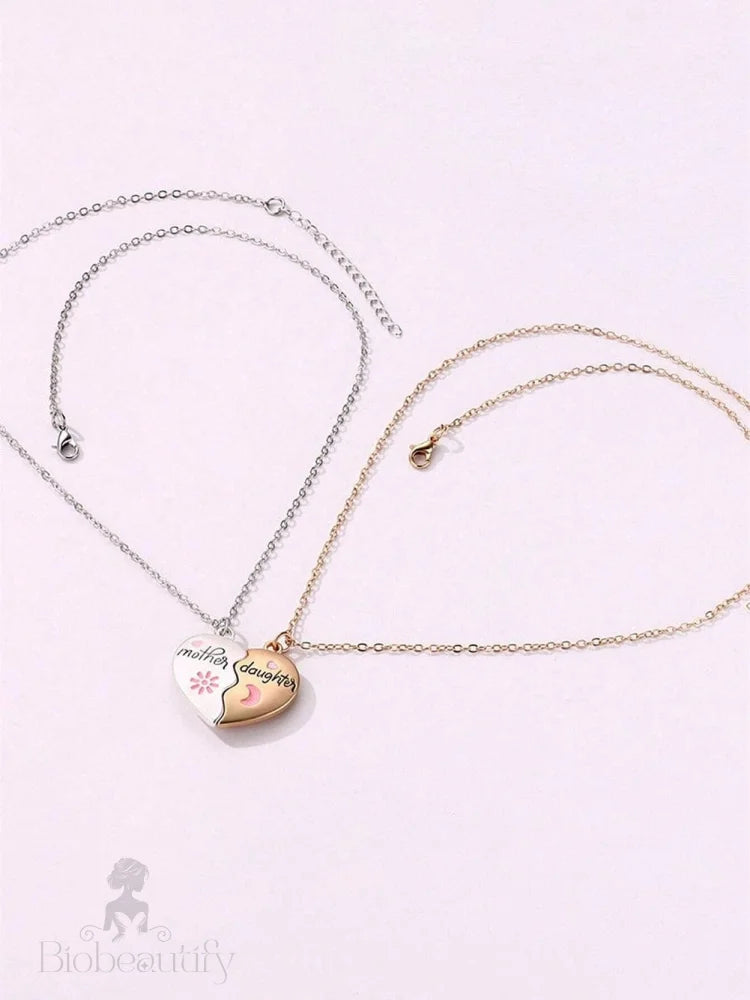 Mother Daughter Magnetic Heart Necklace Set - White Alloy