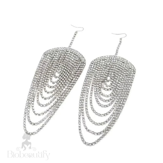 Multi Layer Rhinestone Tassel Earrings - Silver One Size /