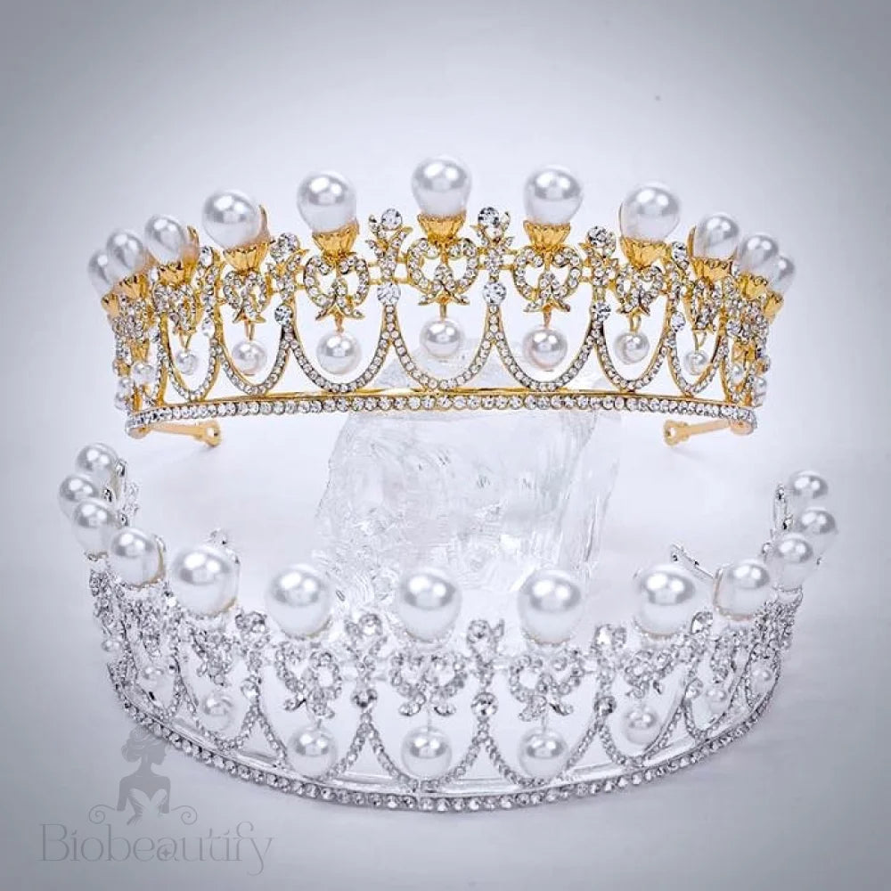 Myla Pearl And Crystal Bridal Tiara In Yellow Gold Silver