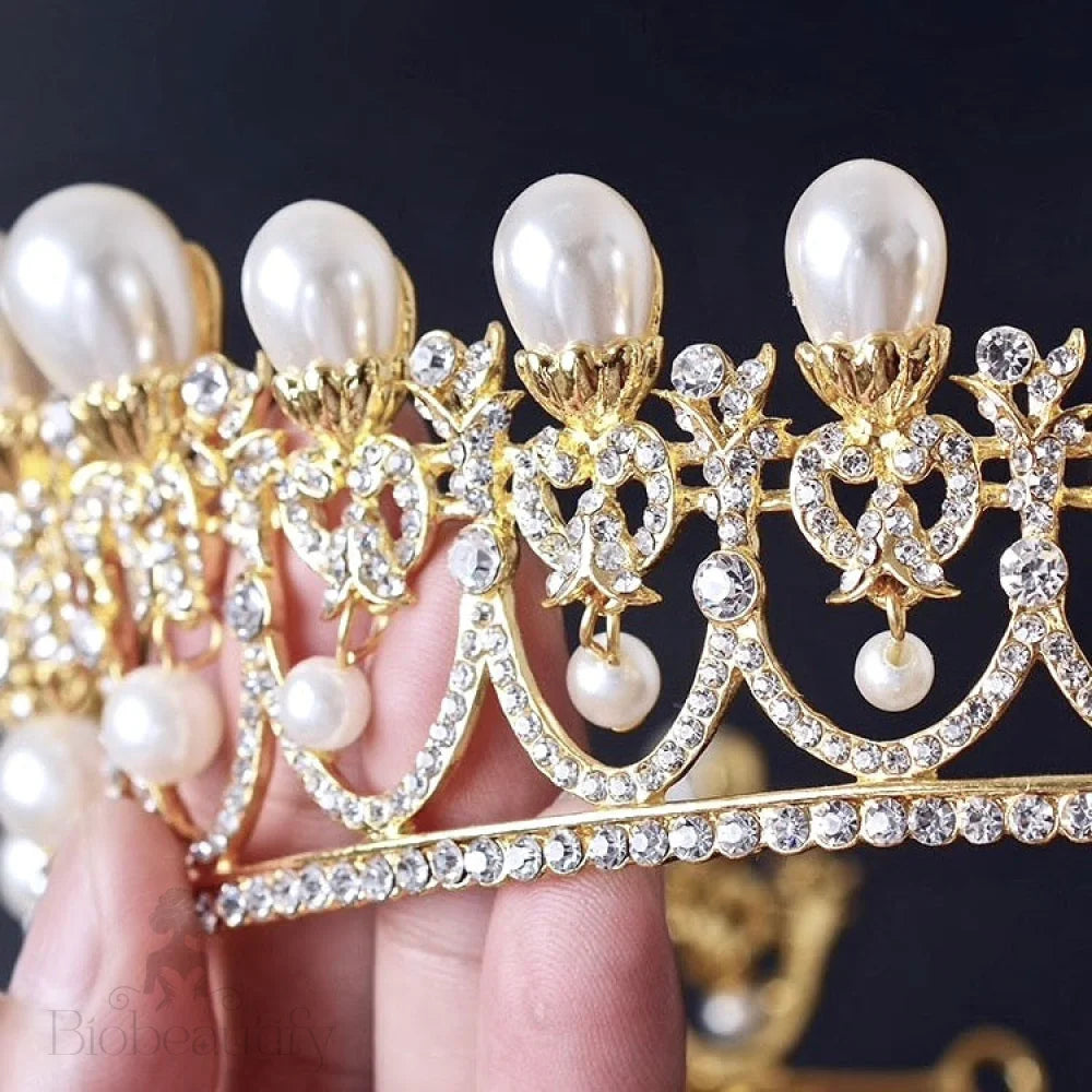 Myla Pearl And Crystal Bridal Tiara In Yellow Gold Silver