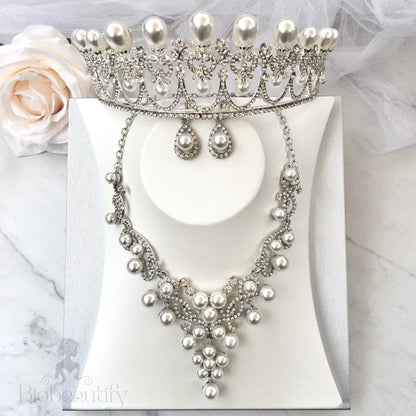 Myla Pearl Bridal Jewelry Set With Tiara - 3 Pieces