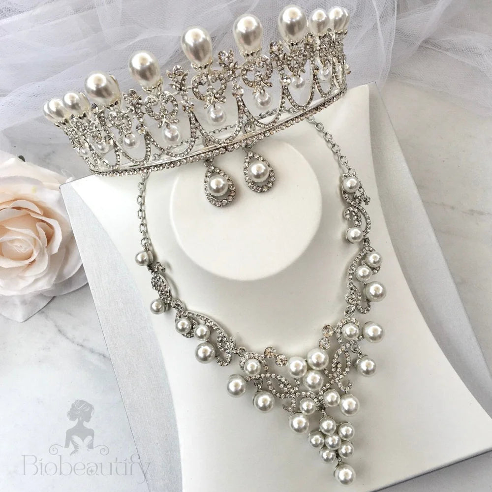 Wedding Jewelry and Accessories - Pearl 3-Piece Bridal Jewelry Set With Tiara