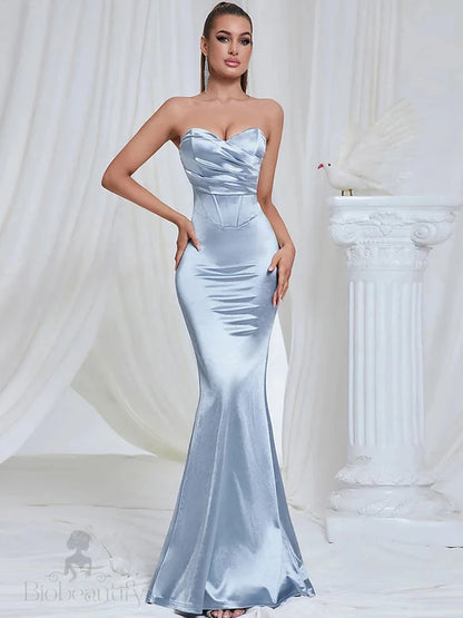 Naia Strapless Satin Mermaid Gown Light Blue / Xs