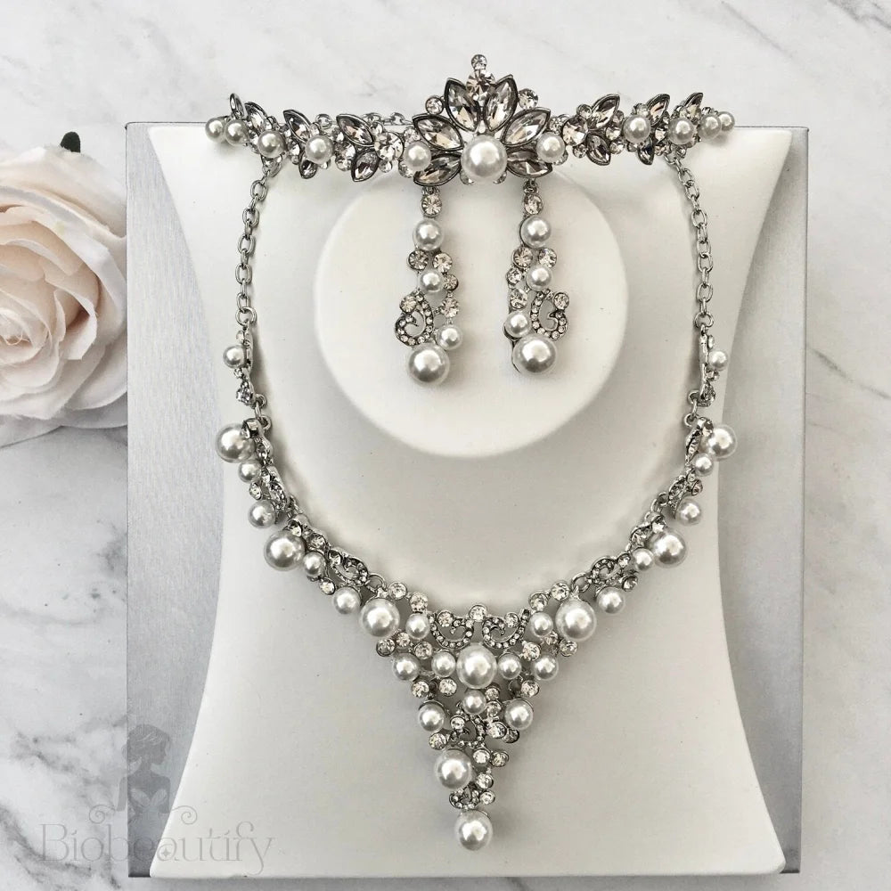 Naomi Pearl And Crystal Bridal Jewelry Set Tiara