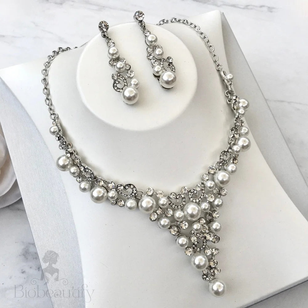 Pearl Wedding Jewelry - Pearl and Crystal Bridal Jewelry Set with Tiara