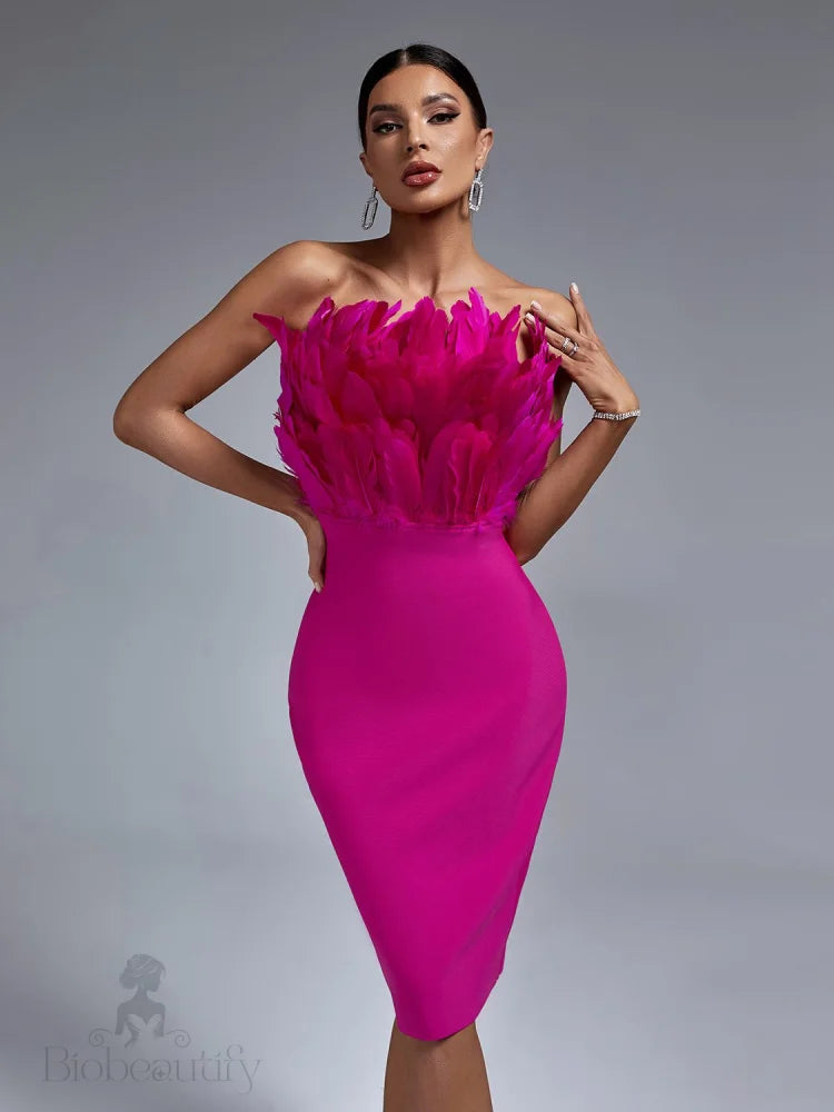 Nathalia Strapless Bandage Feather Dress - SunsetFashionLA