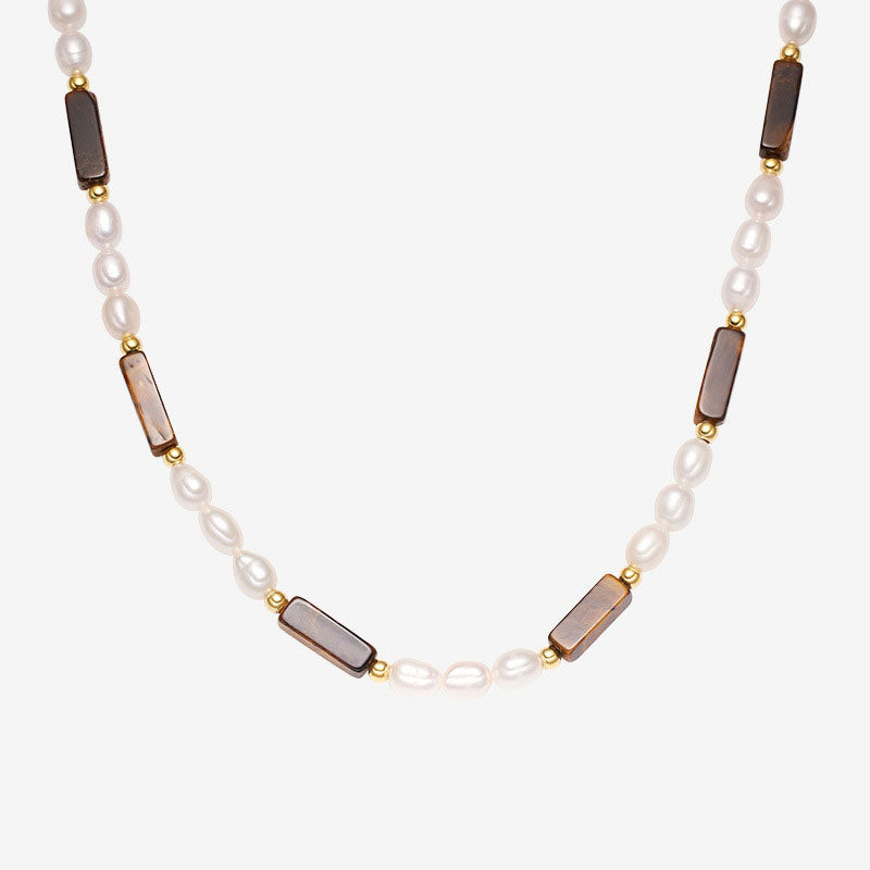 Freshwater Pearl And Tiger Eye Baguette Choker Necklace Gold / One Size