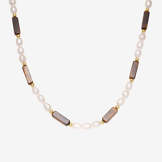 Freshwater Pearl And Tiger Eye Baguette Choker Necklace Gold / One Size