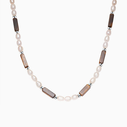 Freshwater Pearl And Tiger Eye Baguette Choker Necklace Silver / One Size