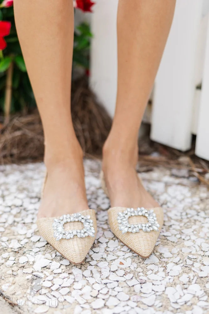 Natural Raffia Rhinestone Flats 6 /