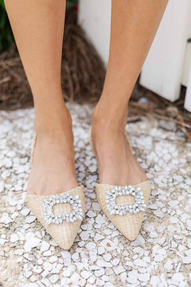 Natural Raffia Rhinestone Flats 7 /