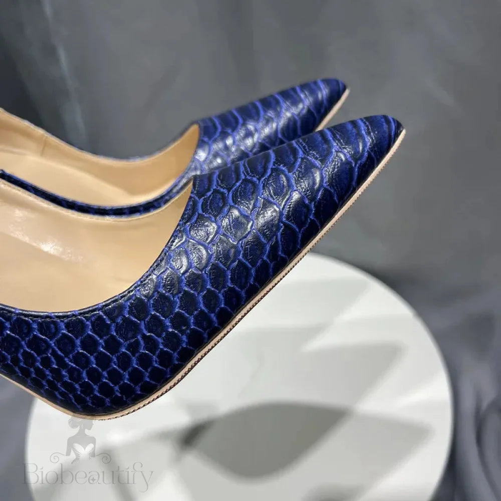 Navy Blue Croc-Effect Pointed Toe High Heel Shoes For Women