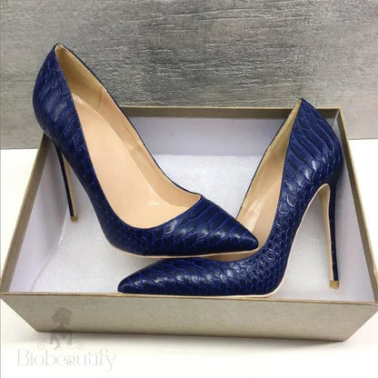 Navy Blue Croc-Effect Pointed Toe High Heel Shoes For Women