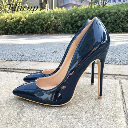 Navy Blue Patent Low Cut Pointy Toe Stiletto Pumps For Women