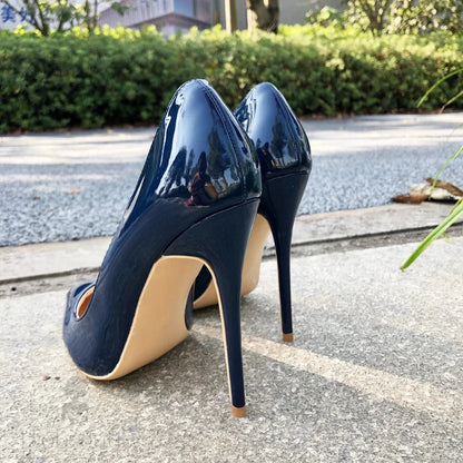 Navy Blue Patent Low Cut Pointy Toe Stiletto Pumps For Women