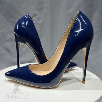 Navy Blue Patent Low Cut Pointy Toe Stiletto Pumps For Women