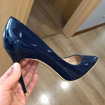 Navy Blue Patent Low Cut Pointy Toe Stiletto Pumps For Women