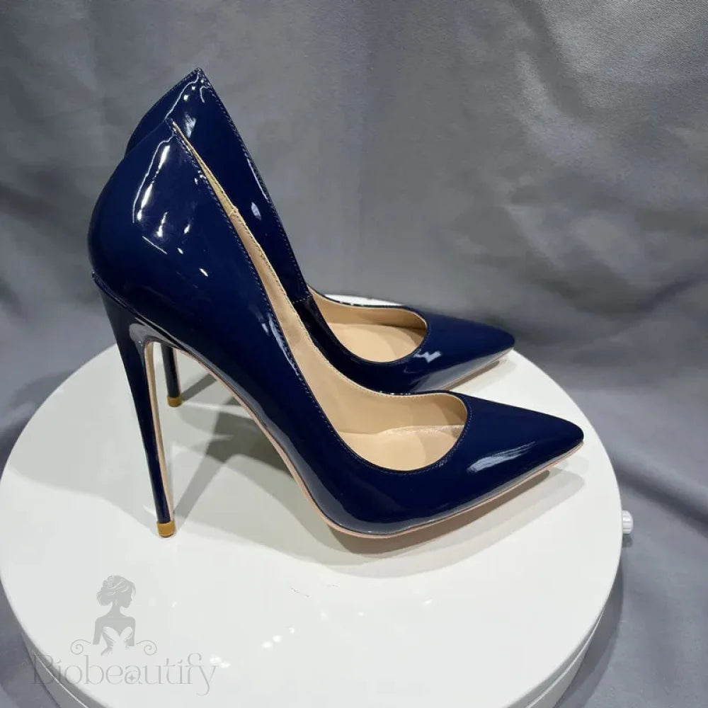 Navy Blue Patent Low Cut Pointy Toe Stiletto Pumps For Women