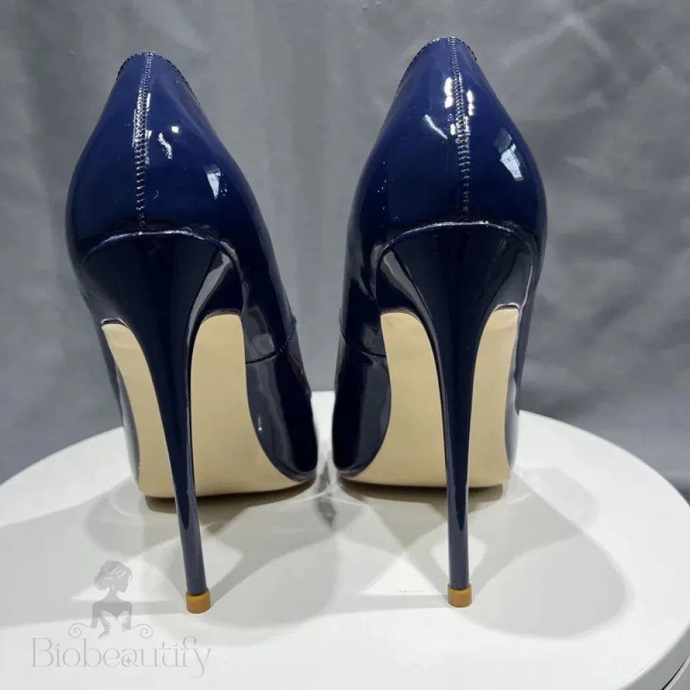 Navy Blue Patent Low Cut Pointy Toe Stiletto Pumps For Women