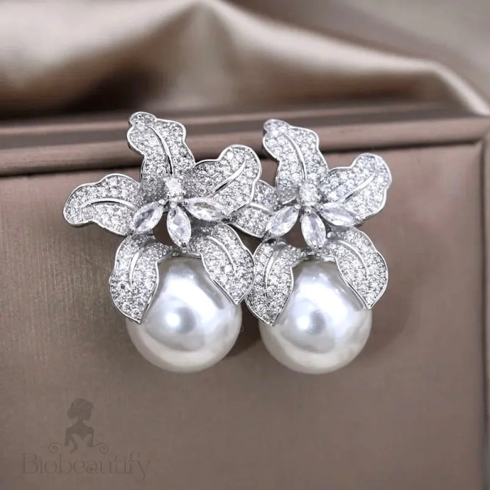 Noelani Orchid Pearl And Cubic Zirconia Bridal Earrings Silver Gold Options