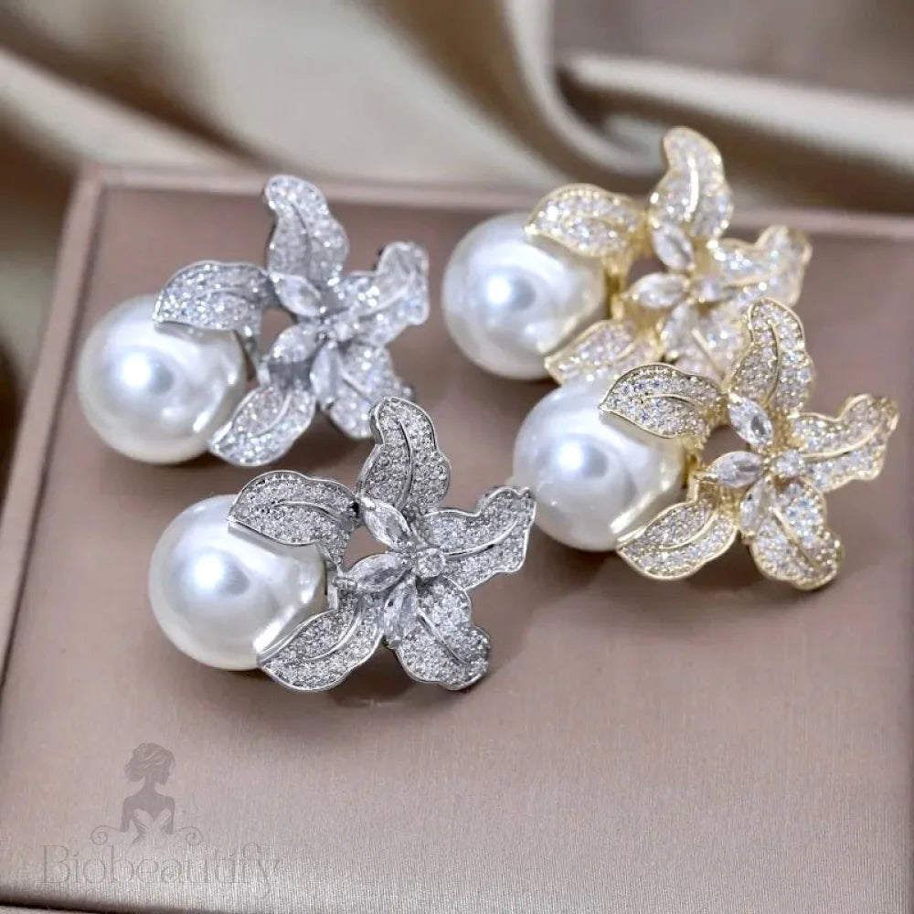 Noelani Orchid Pearl And Cubic Zirconia Bridal Earrings Silver Gold Options