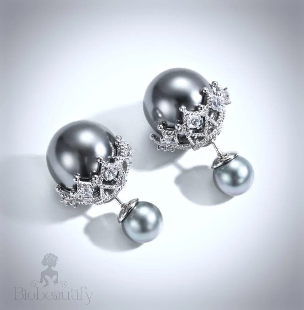 Wedding Jewelry - Double Pearl Bridal Earrings - Available in White and Gray