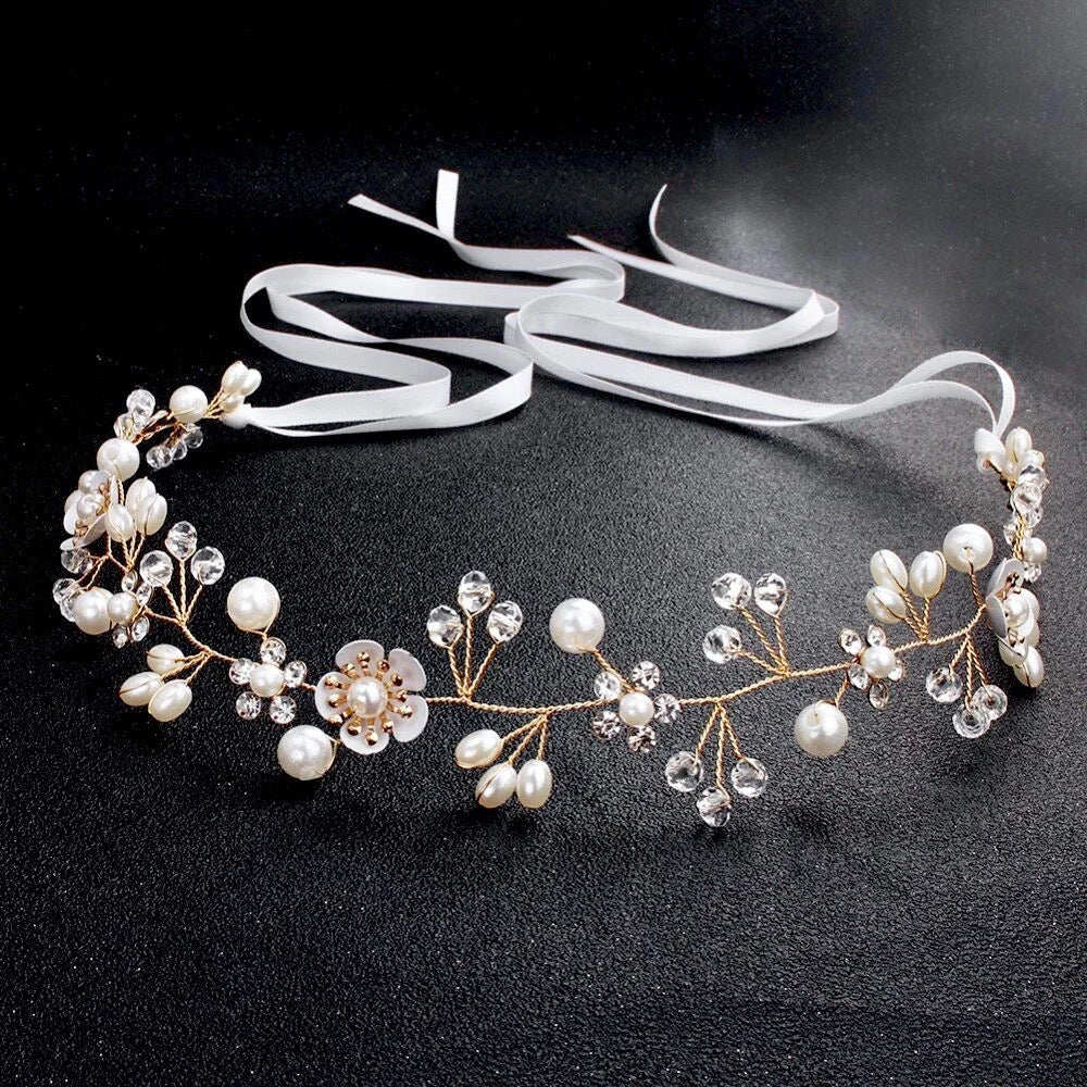 Noreen Gold Pearl Crystal Bridal Headband