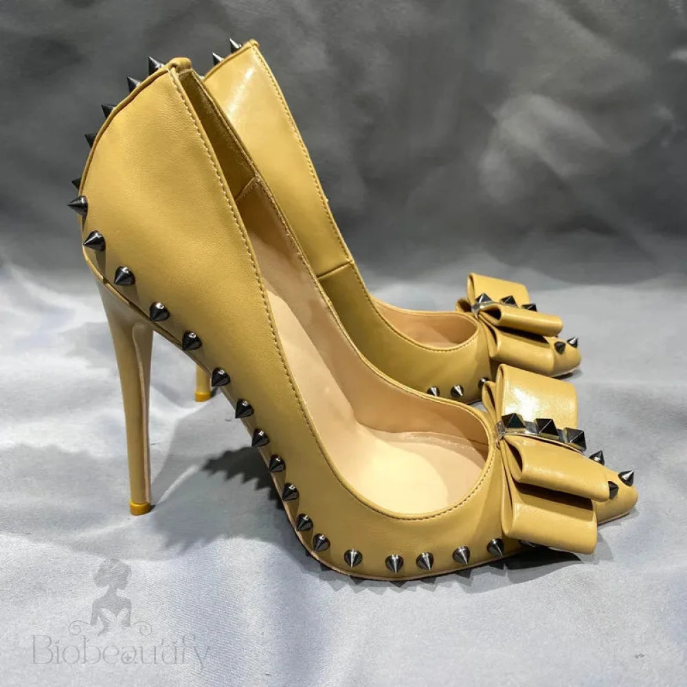 Nude Matte Pointy Toe High Heel Shoes With Spikes Bow