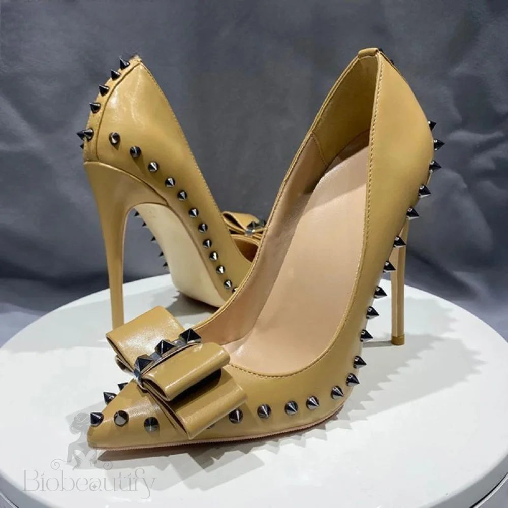 Nude Matte Pointy Toe High Heel Shoes With Spikes Bow