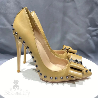 Nude Matte Pointy Toe High Heel Shoes With Spikes Bow