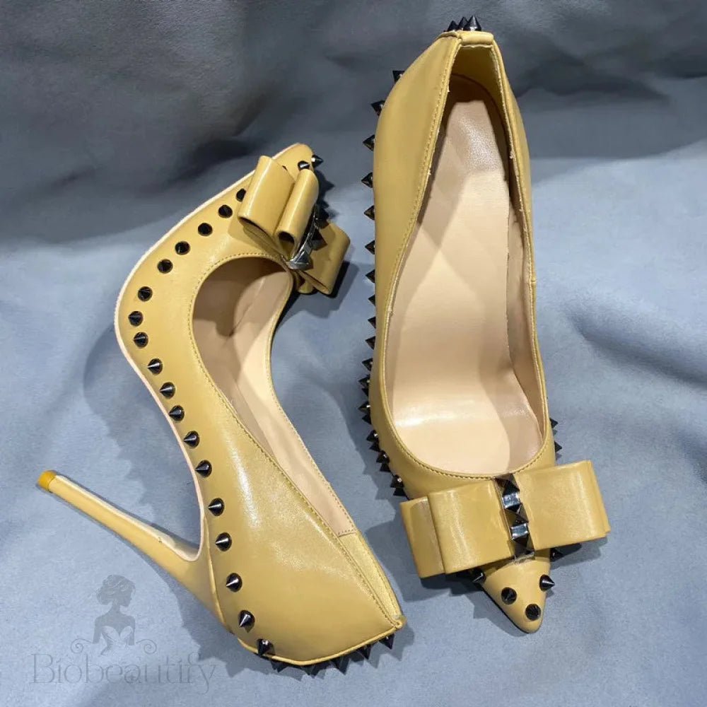 Nude Matte Pointy Toe High Heel Shoes With Spikes Bow