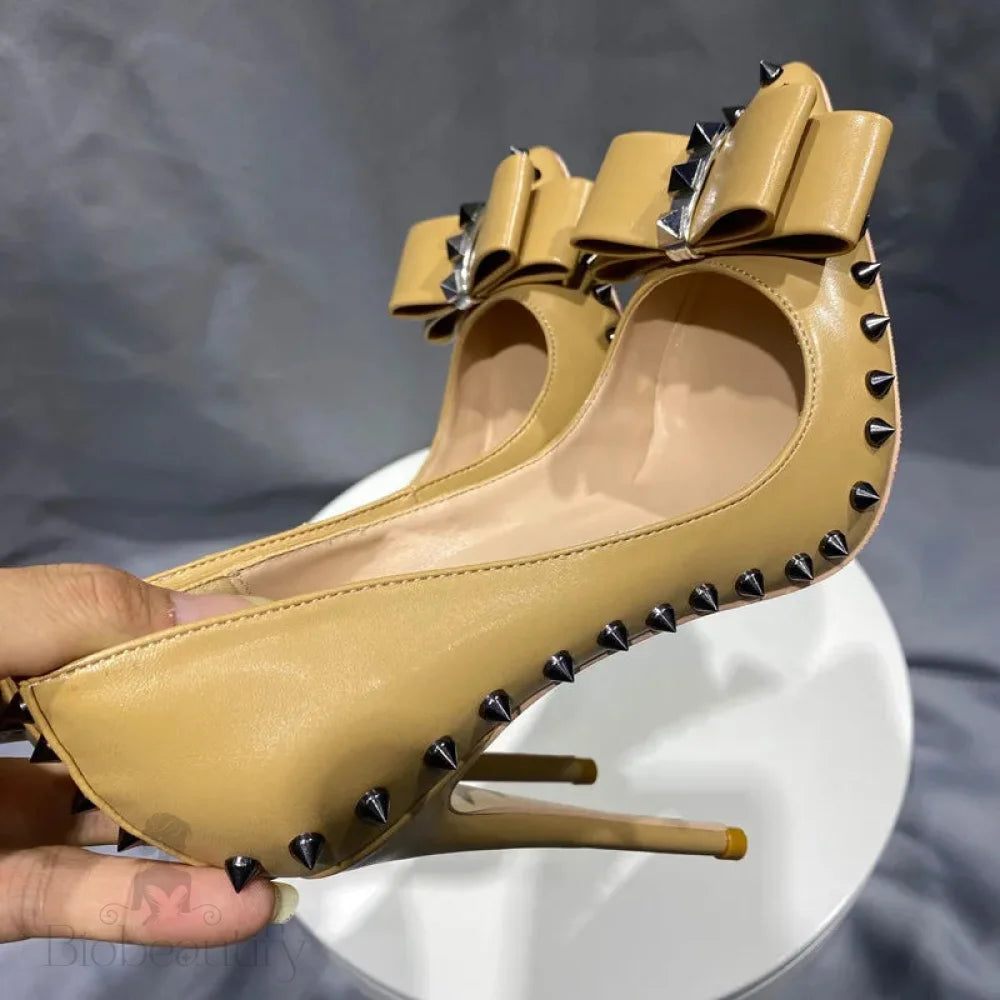 Nude Matte Pointy Toe High Heel Shoes With Spikes Bow