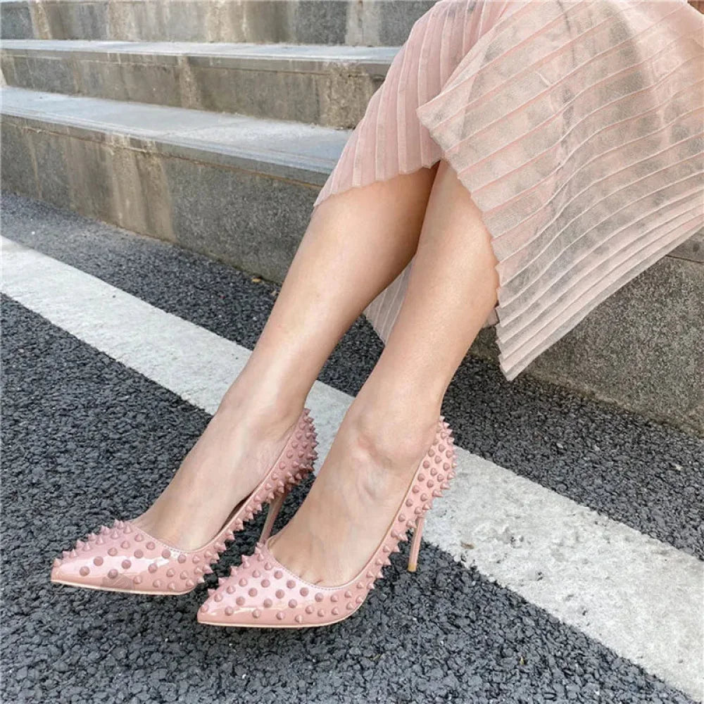 Nude Patent Pointy Toe High Heels With Full Spikes For Women