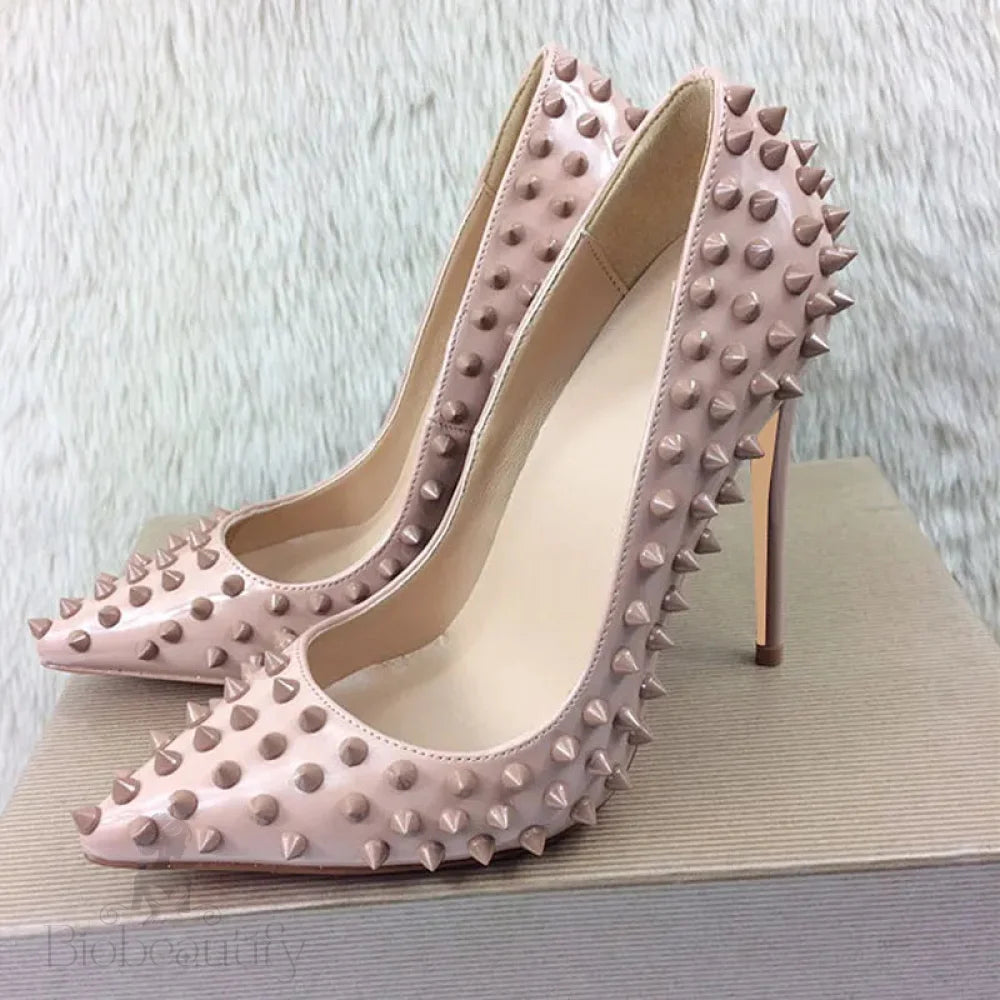 Nude Patent Pointy Toe High Heels With Full Spikes For Women