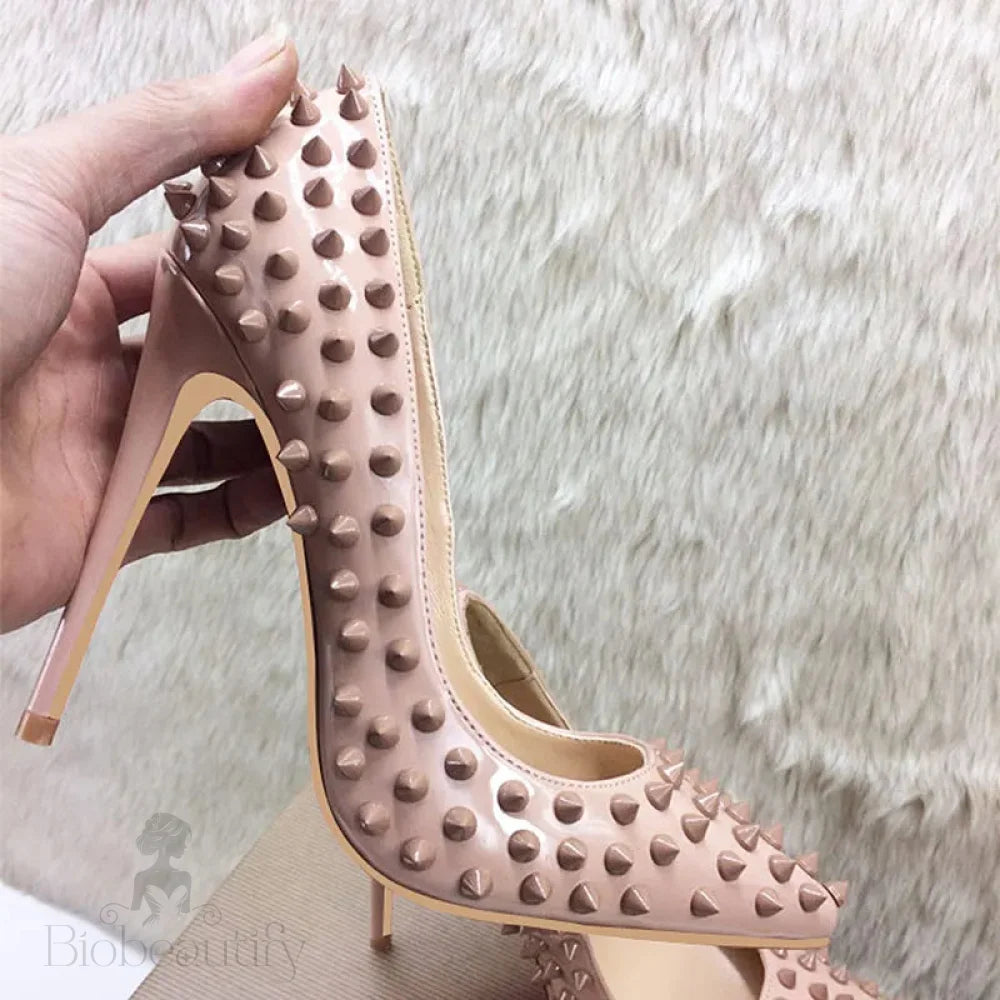 Nude Patent Pointy Toe High Heels With Full Spikes For Women