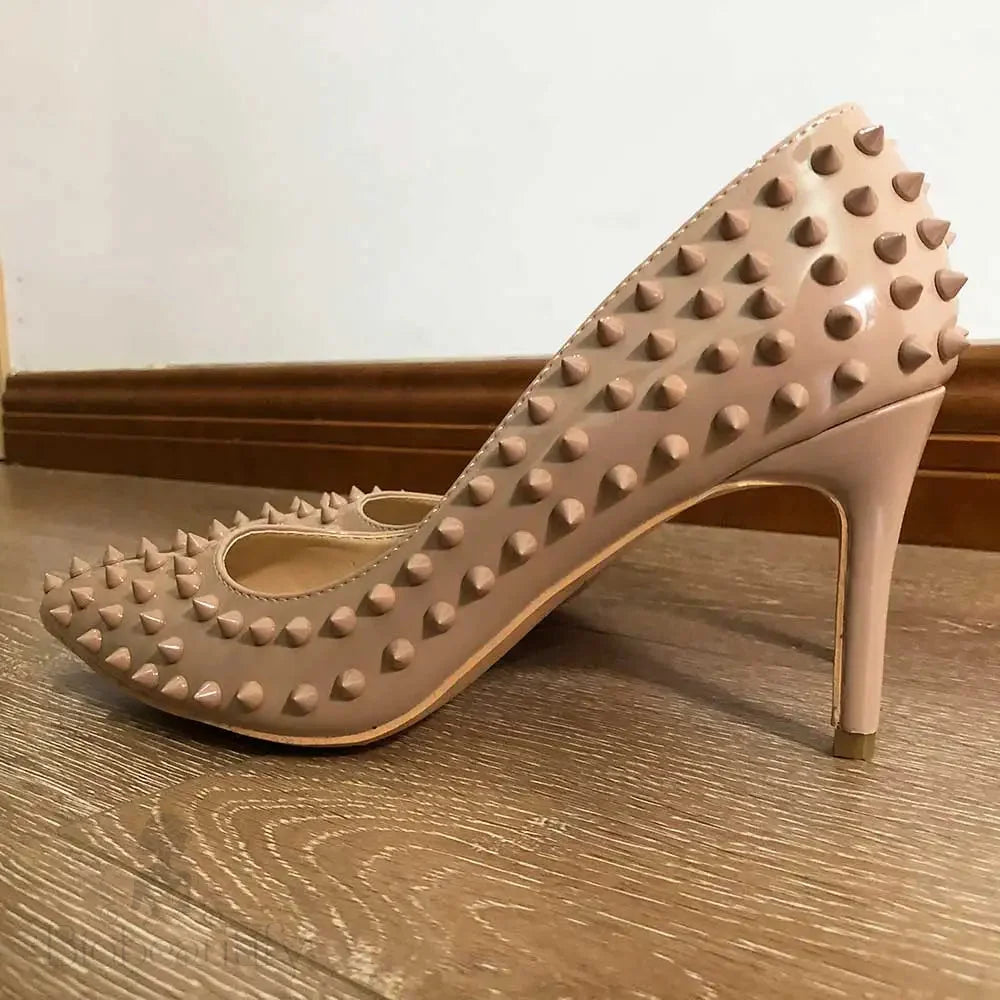 Nude Patent Pointy Toe High Heels With Full Spikes For Women