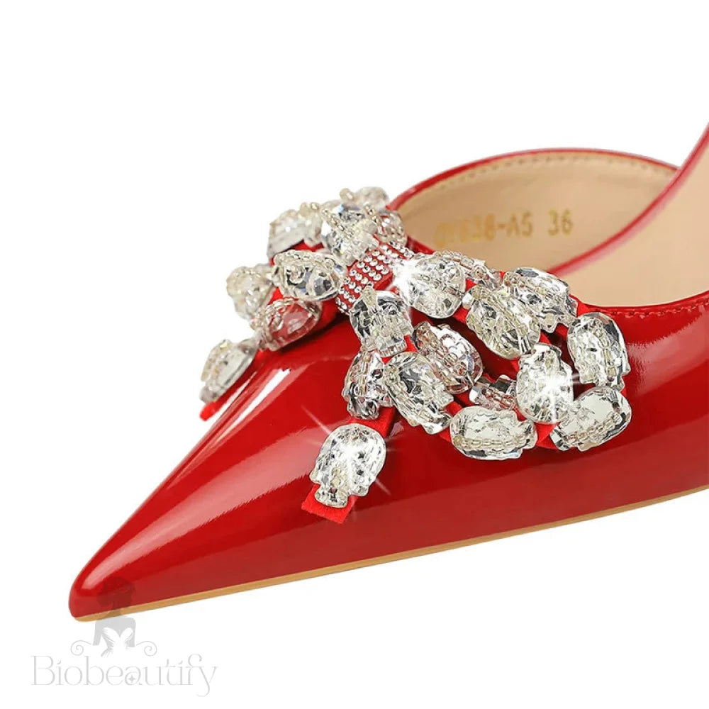 Nude Rhinestone Bowknot High Heels Patent Leather Women Pumps