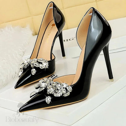 Nude Rhinestone Bowknot High Heels Patent Leather Women Pumps