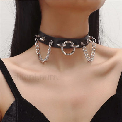 O Ring Rivet Chain Punk Leather Gothic Necklace